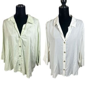 H&M Divided Semi Sheer Ivory Sage Green Button Blouses XL NEW w/ Tags (LOT of 2)